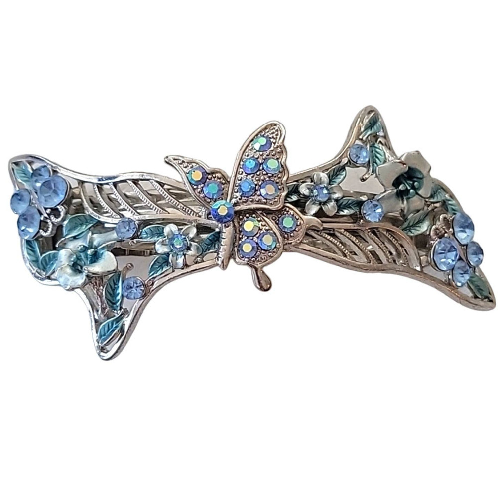 Enamel and Rhinestone Butterfly Floral Hair Clip 4" Bride Something Blue Sparkle